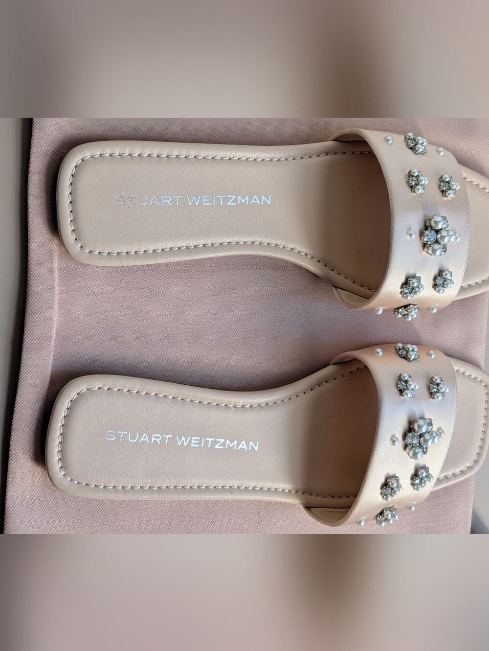 NWT Stuart Weitzman Poppy Embellished Slide Sandals Blush Pearl Crystal Size 8 - Picture 9 of 11